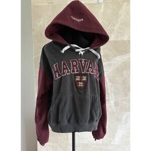 Harvard Y2K Lace‑Up Hoodie Medium Maroon & Grey, Varsity Letters & Crest Patch